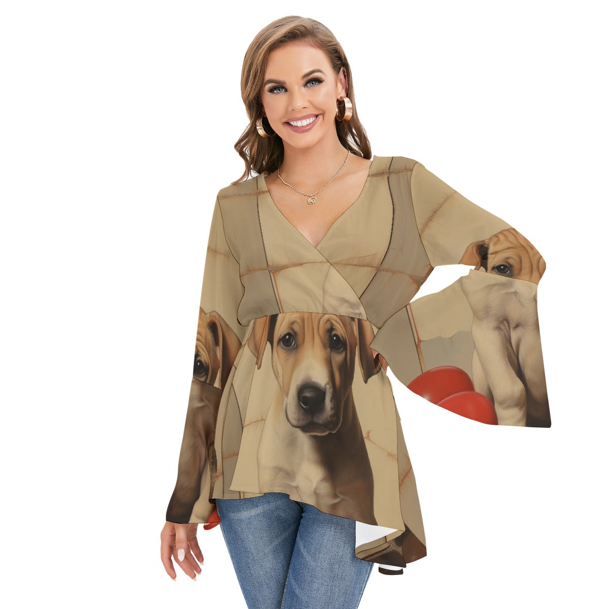 All-Over Print Women's V-neck Blouse With Flared Sleeves