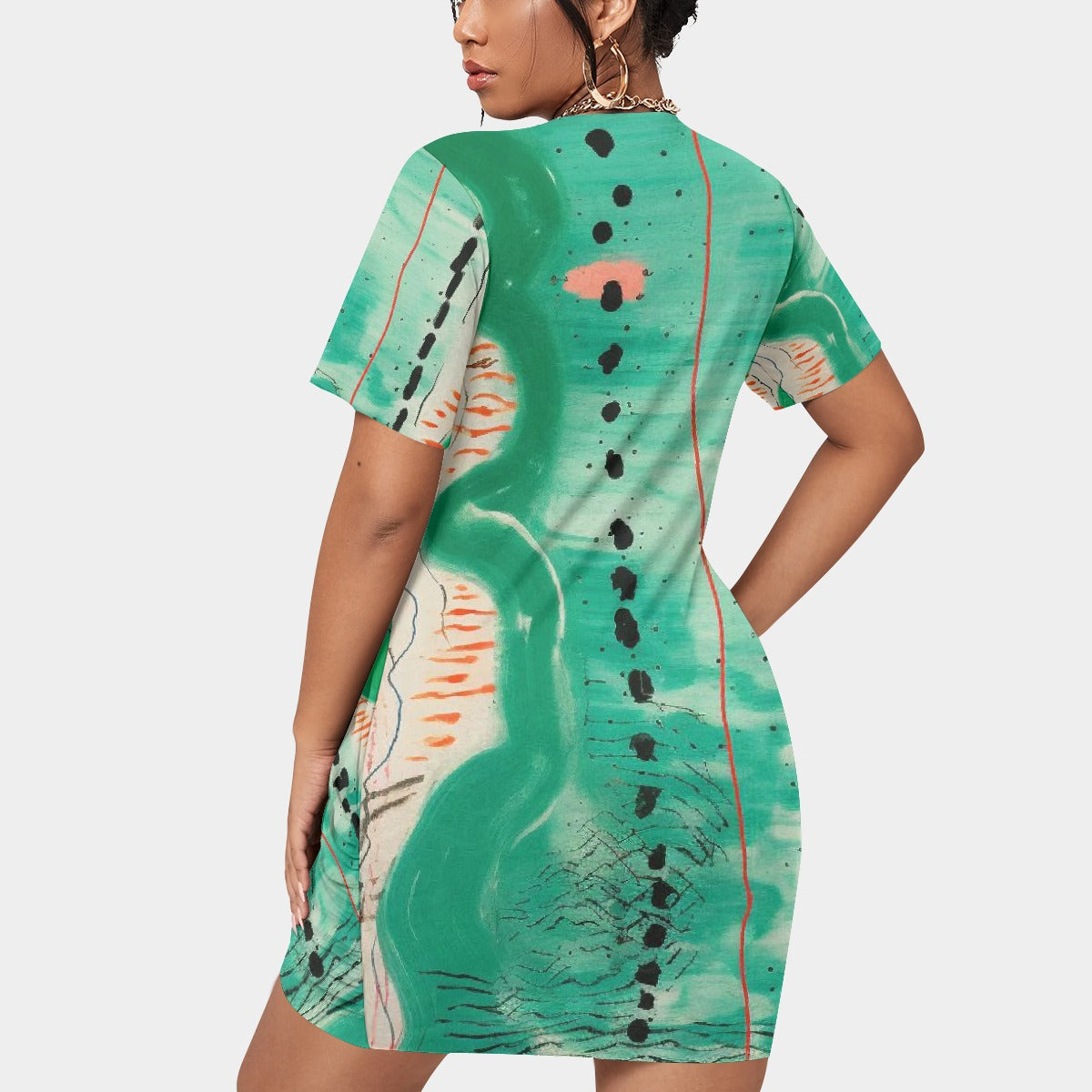 All-Over Print Women’s Stacked Hem Dress With Short Sleeve（Plus Size）