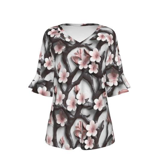 All-Over Print V-neck Women's T-shirt With Bell Sleeve