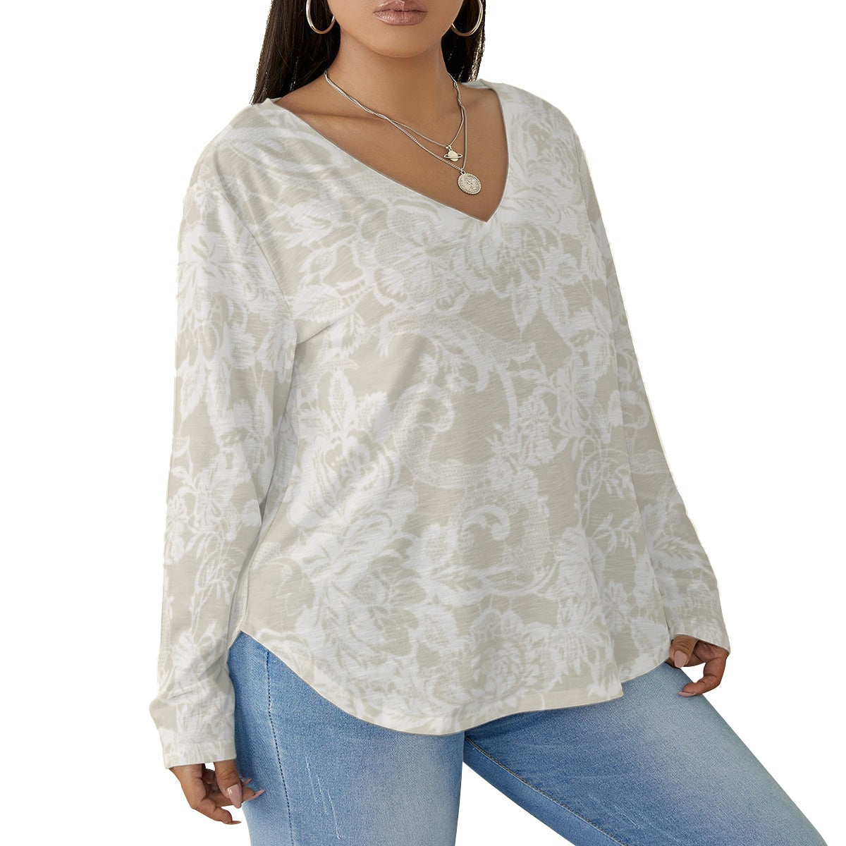 All-Over Print Women's V-neck T-shirt With Curved Hem(Plus Size)