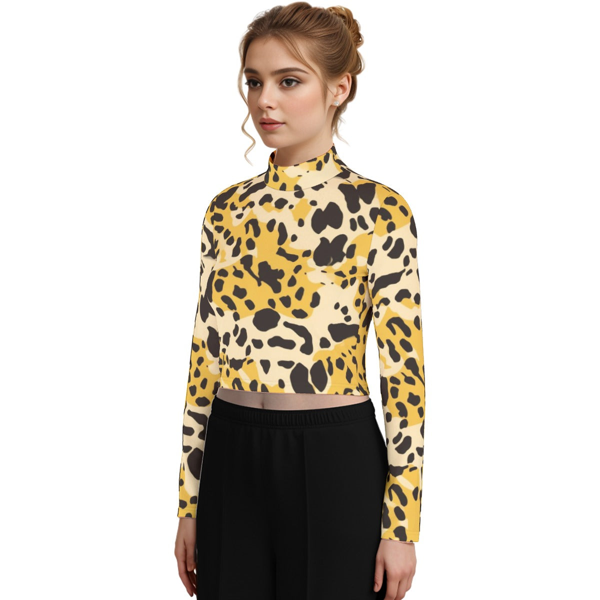 Eco-Friendly All-Over Print Women's Turtleneck T-shirt With Long Sleeve