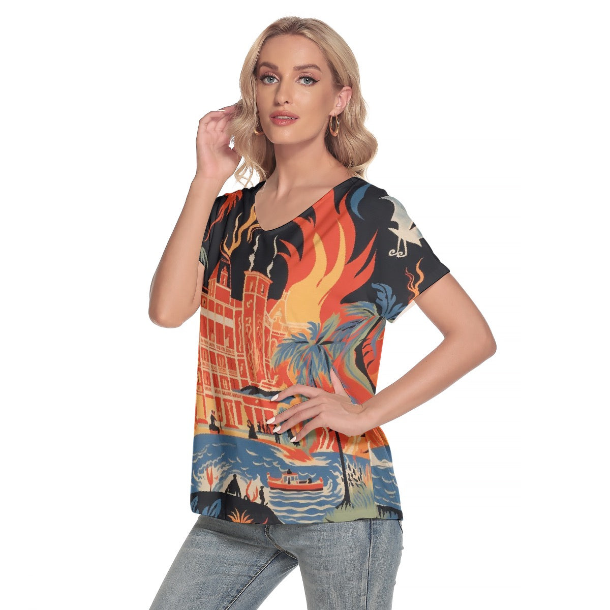 All-Over Print Women's Loose V-neck Short Sleeve T-shirt