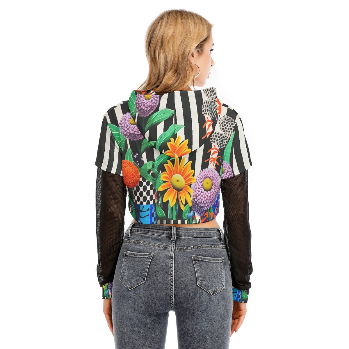 All-Over Print Women's Fake Two-piece Mesh Sleeve Cropped Hoodie