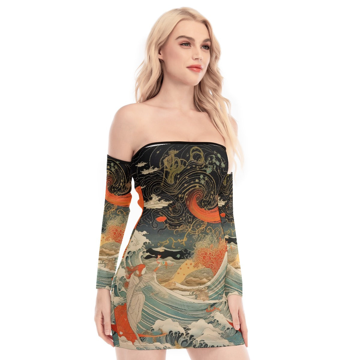 All-Over Print Women's Off-shoulder Back Lace-up Dress