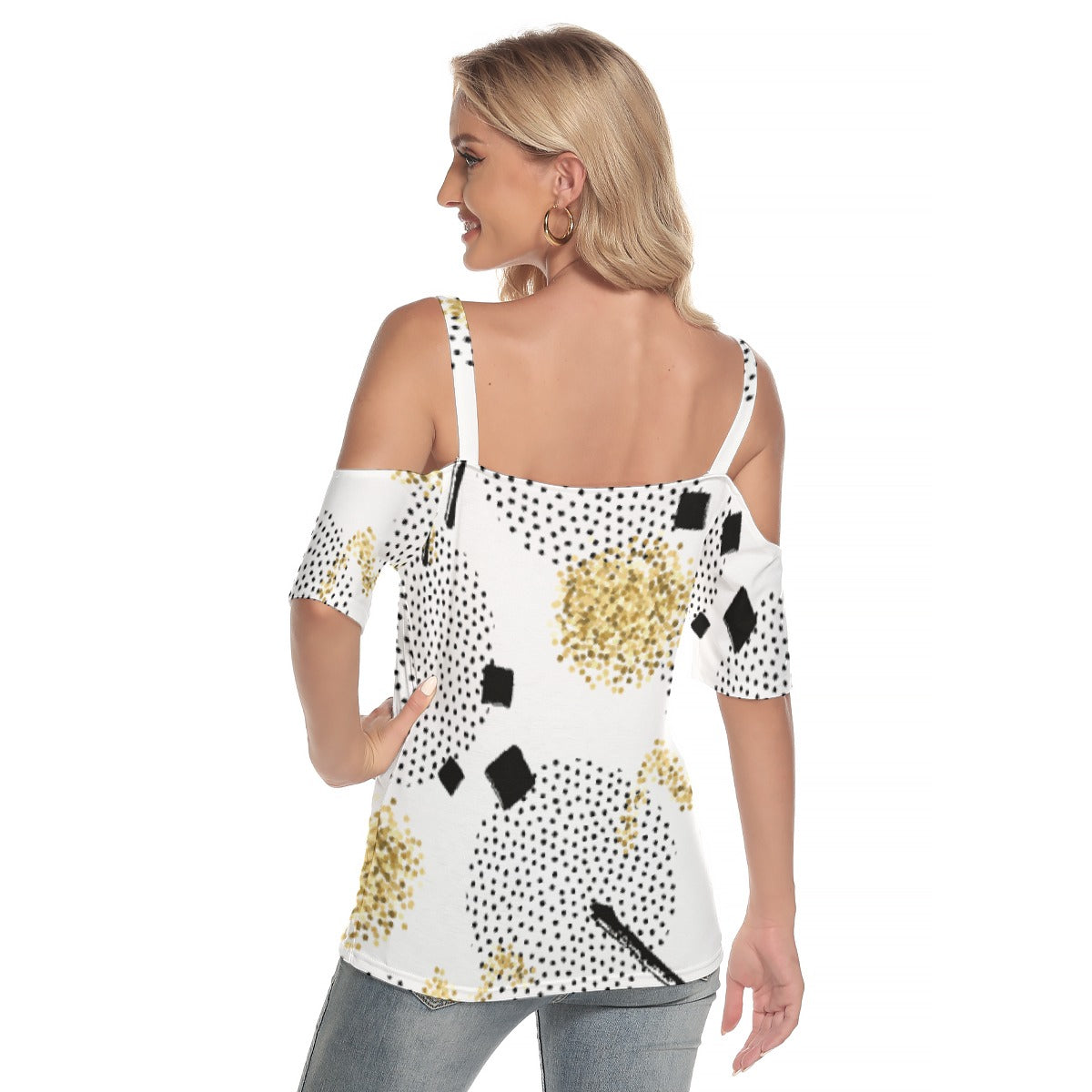 All-Over Print Women's Cold Shoulder T-shirt With Criss Cross Strips