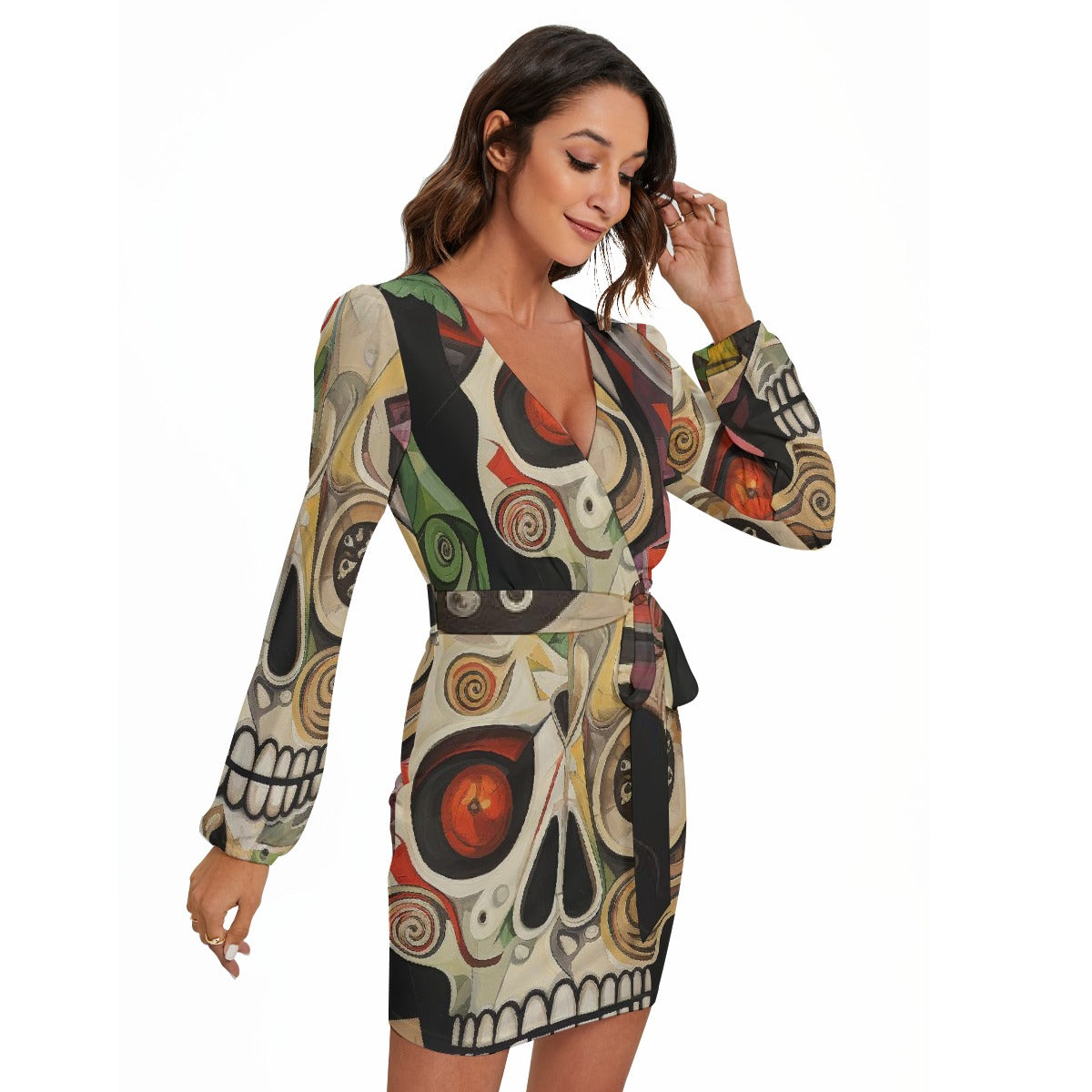 All-Over Print Women's Long Sleeve Dress With Waist Belt