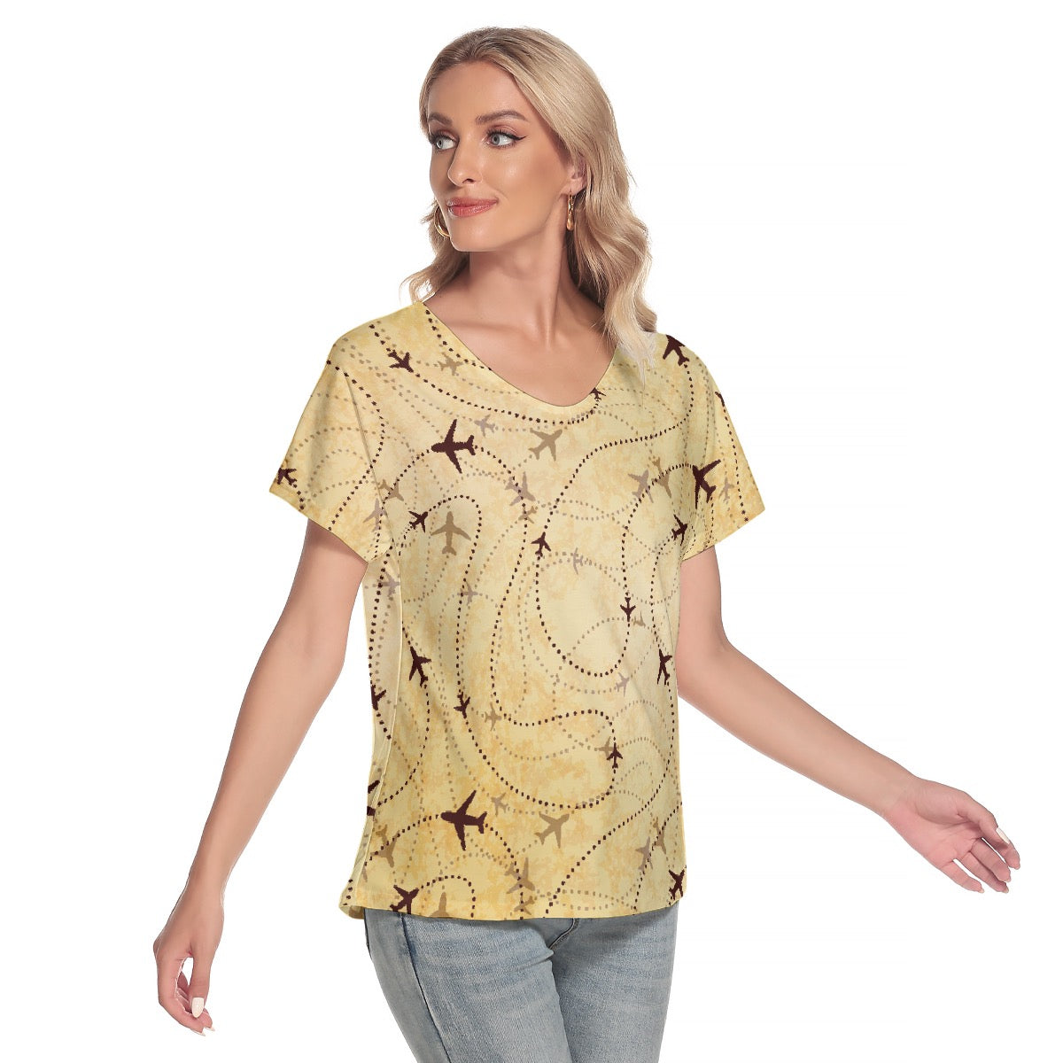 All-Over Print Women's Loose V-neck Short Sleeve T-shirt