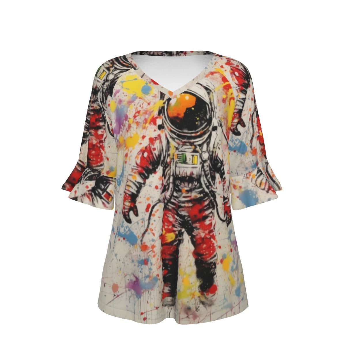 All-Over Print V-neck Women's T-shirt With Bell Sleeve