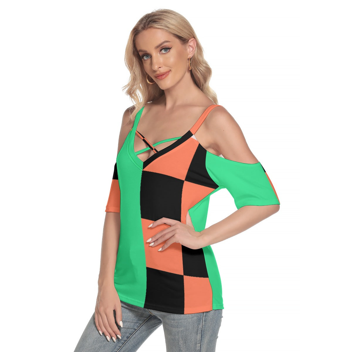 All-Over Print Women's Cold Shoulder T-shirt With Criss Cross Strips