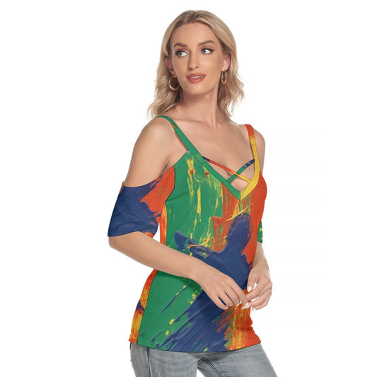 All-Over Print Women's Cold Shoulder T-shirt With Criss Cross Strips