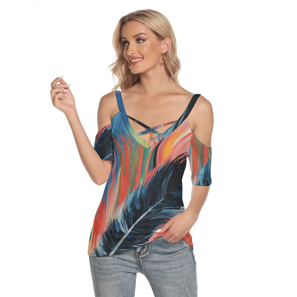 All-Over Print Women's Cold Shoulder T-shirt With Criss Cross Strips