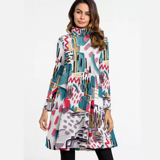 All-Over Print Women's High Neck Dress With Long Sleeve