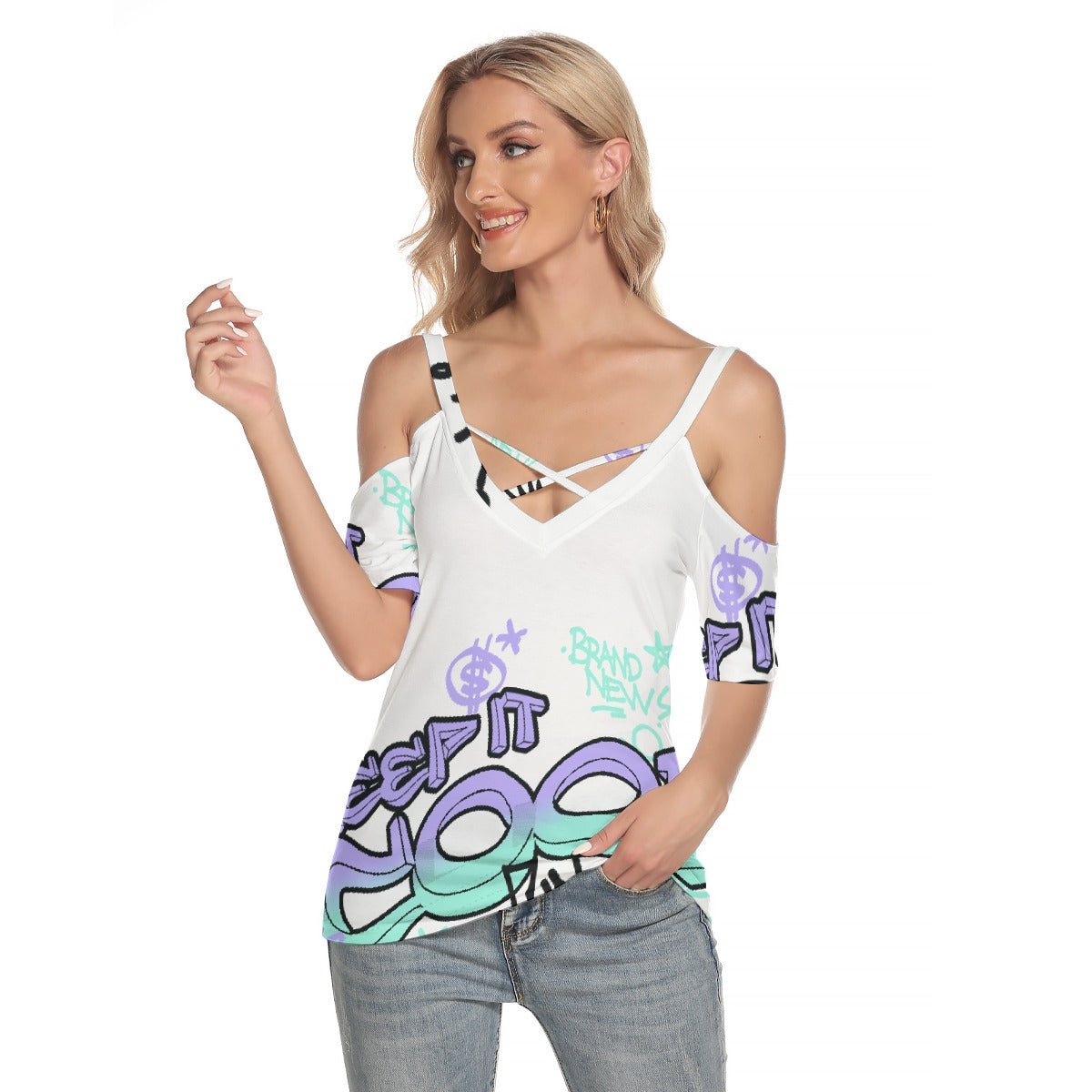 All-Over Print Women's Cold Shoulder T-shirt With Criss Cross Strips