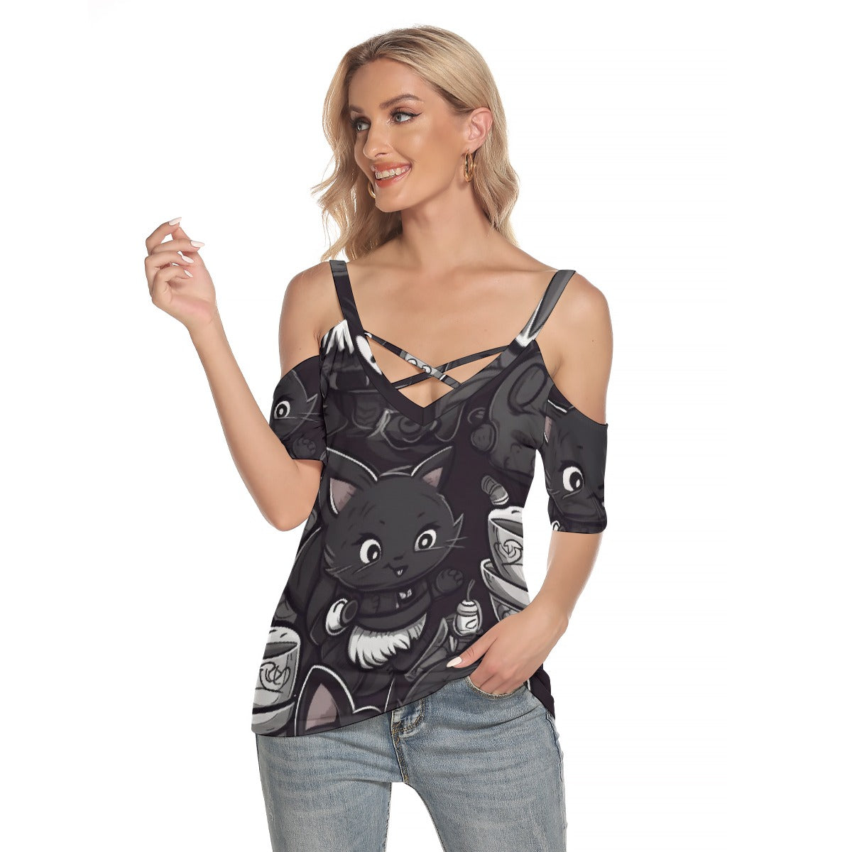 All-Over Print Women's Cold Shoulder T-shirt With Criss Cross Strips