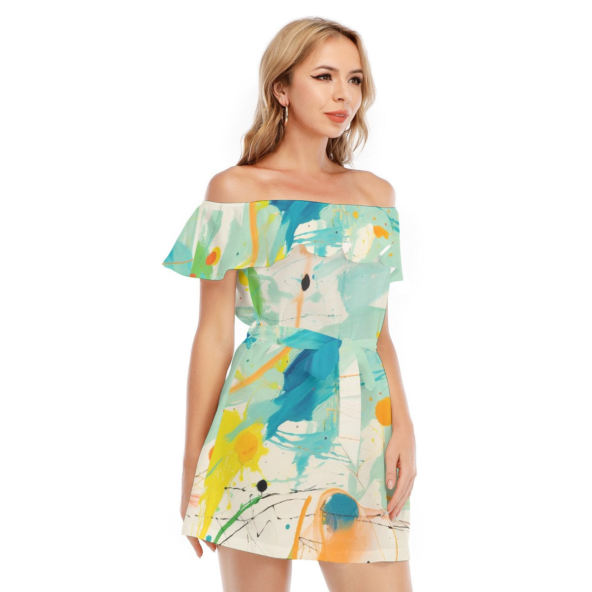 All-Over Print Women's Off-shoulder Dress With Ruffle