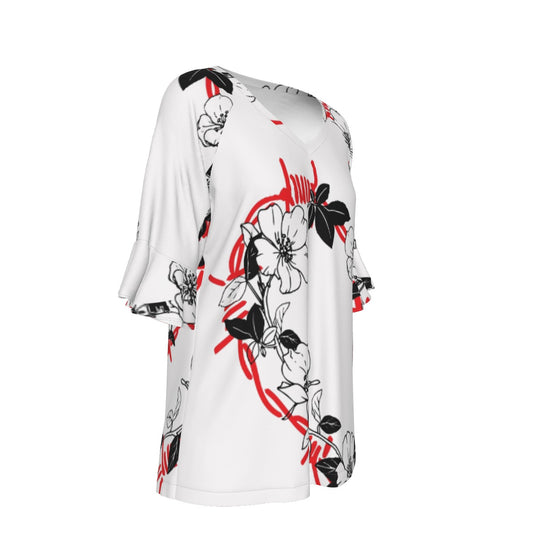 All-Over Print V-neck Women's T-shirt With Bell Sleeve