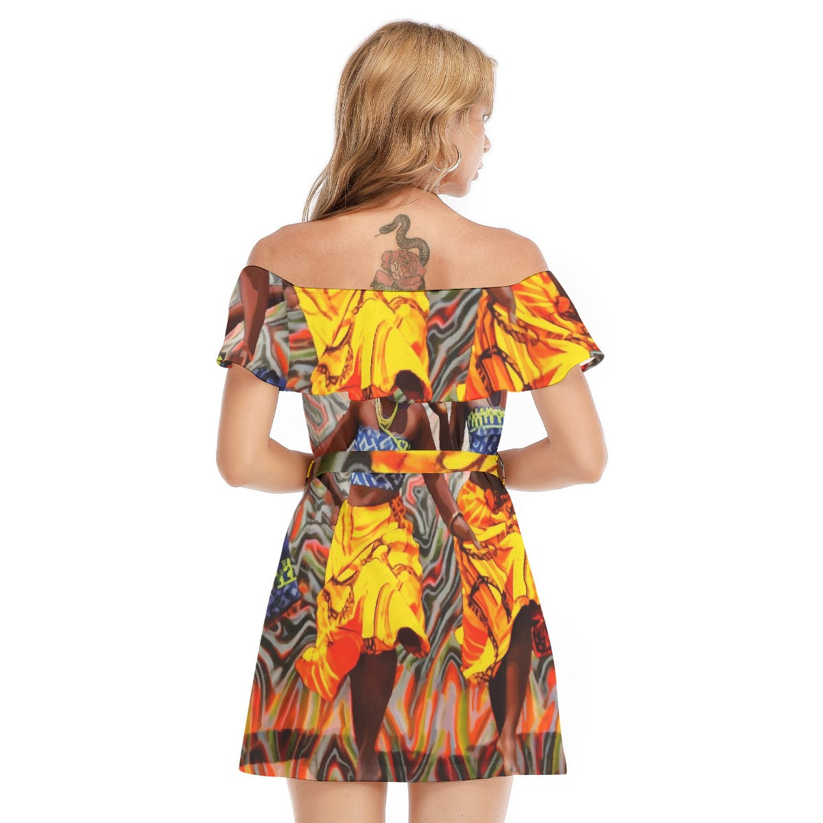 All-Over Print Women's Off-shoulder Dress With Ruffle