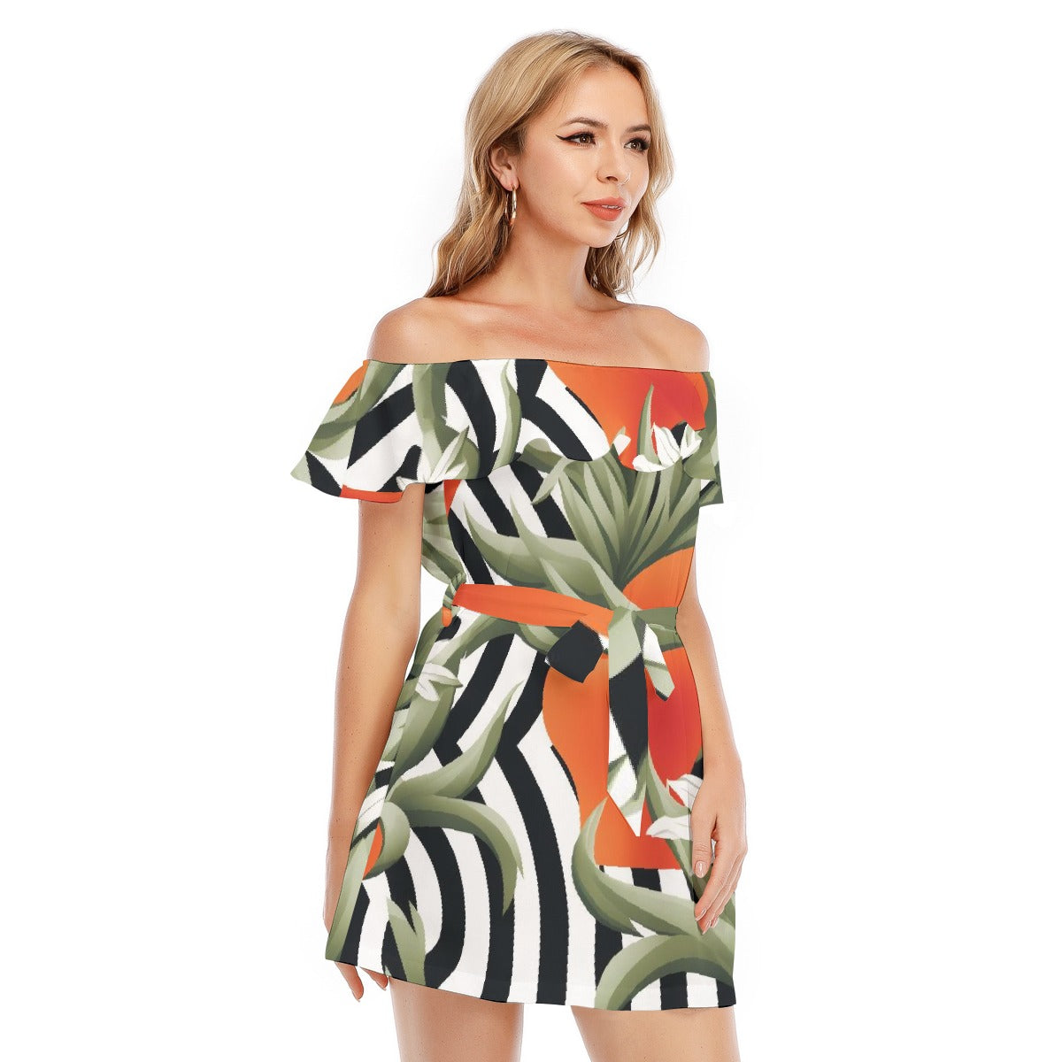 All-Over Print Women's Off-shoulder Dress With Ruffle