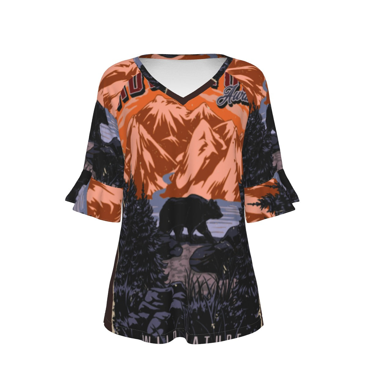 All-Over Print V-neck Women's T-shirt With Bell Sleeve