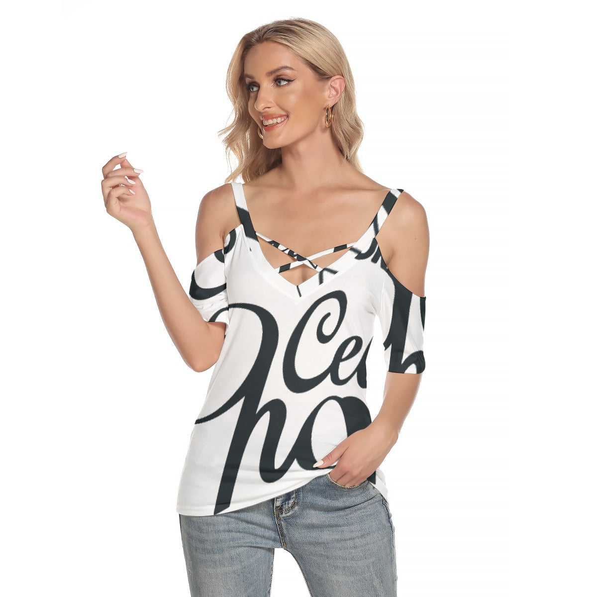 All-Over Print Women's Cold Shoulder T-shirt With Criss Cross Strips