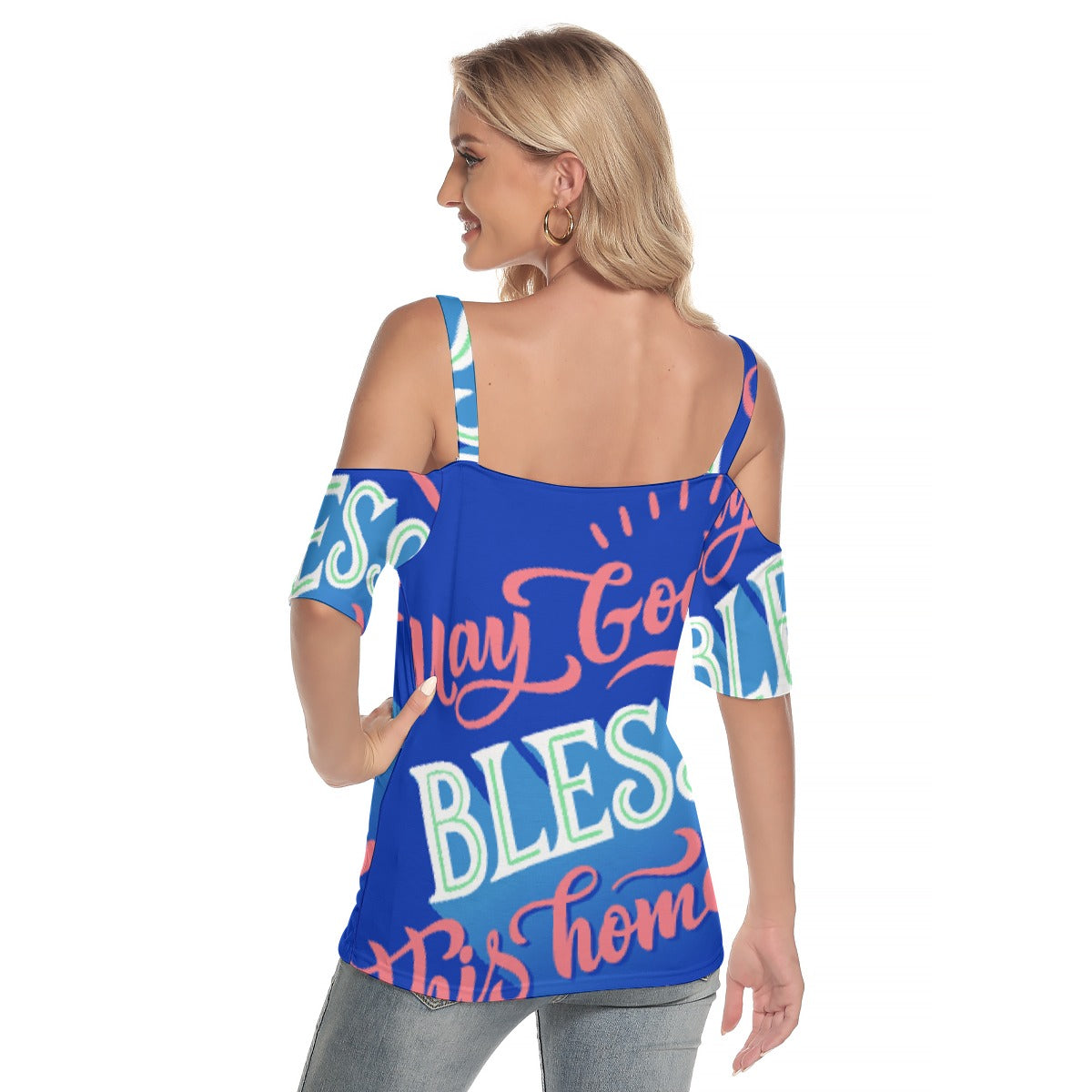 All-Over Print Women's Cold Shoulder T-shirt With Criss Cross Strips