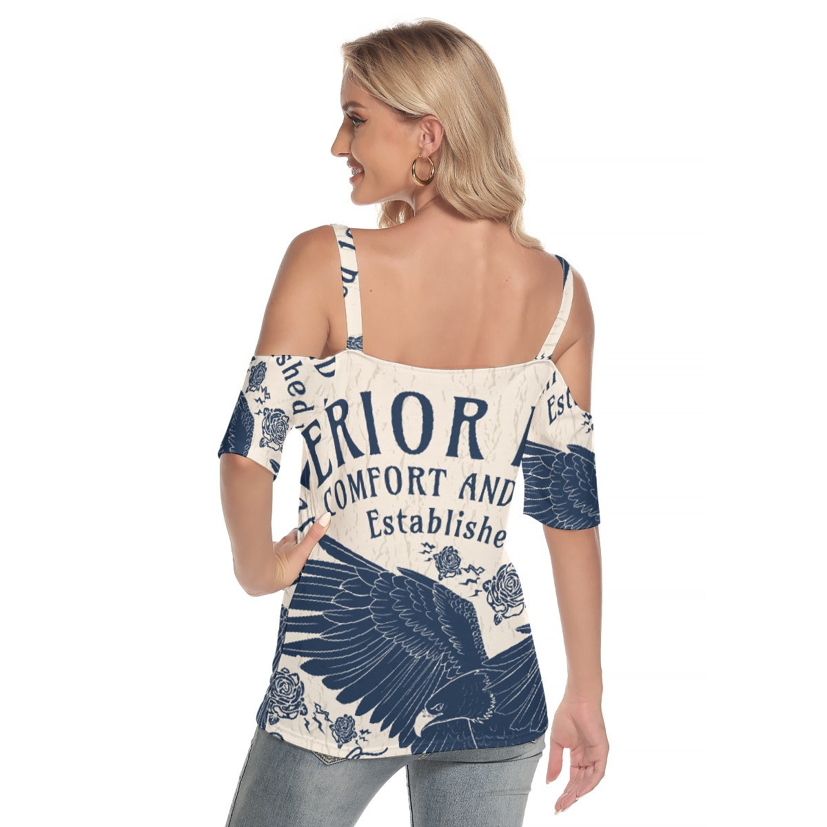 All-Over Print Women's Cold Shoulder T-shirt With Criss Cross Strips