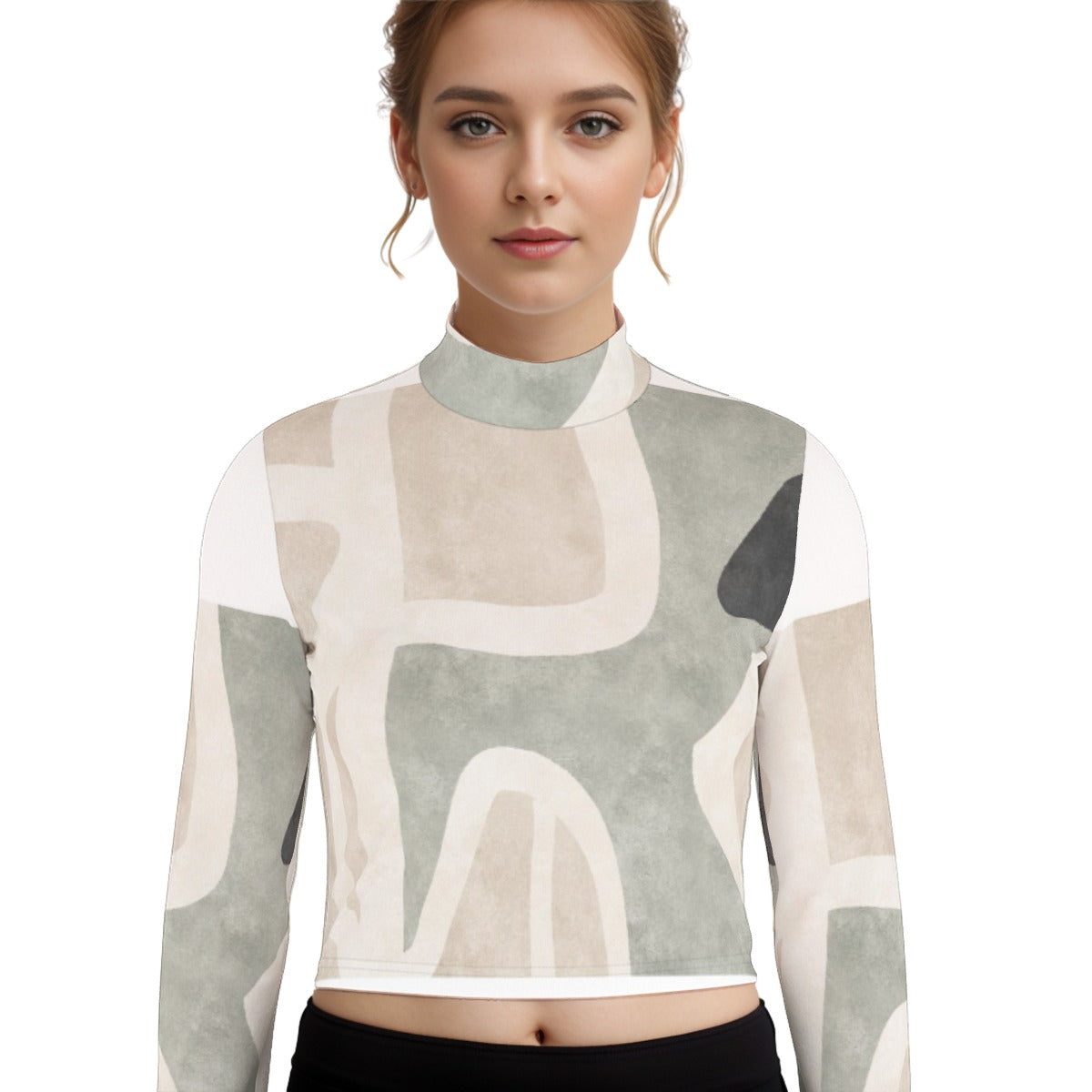 Eco-Friendly All-Over Print Women's Turtleneck T-shirt With Long Sleeve