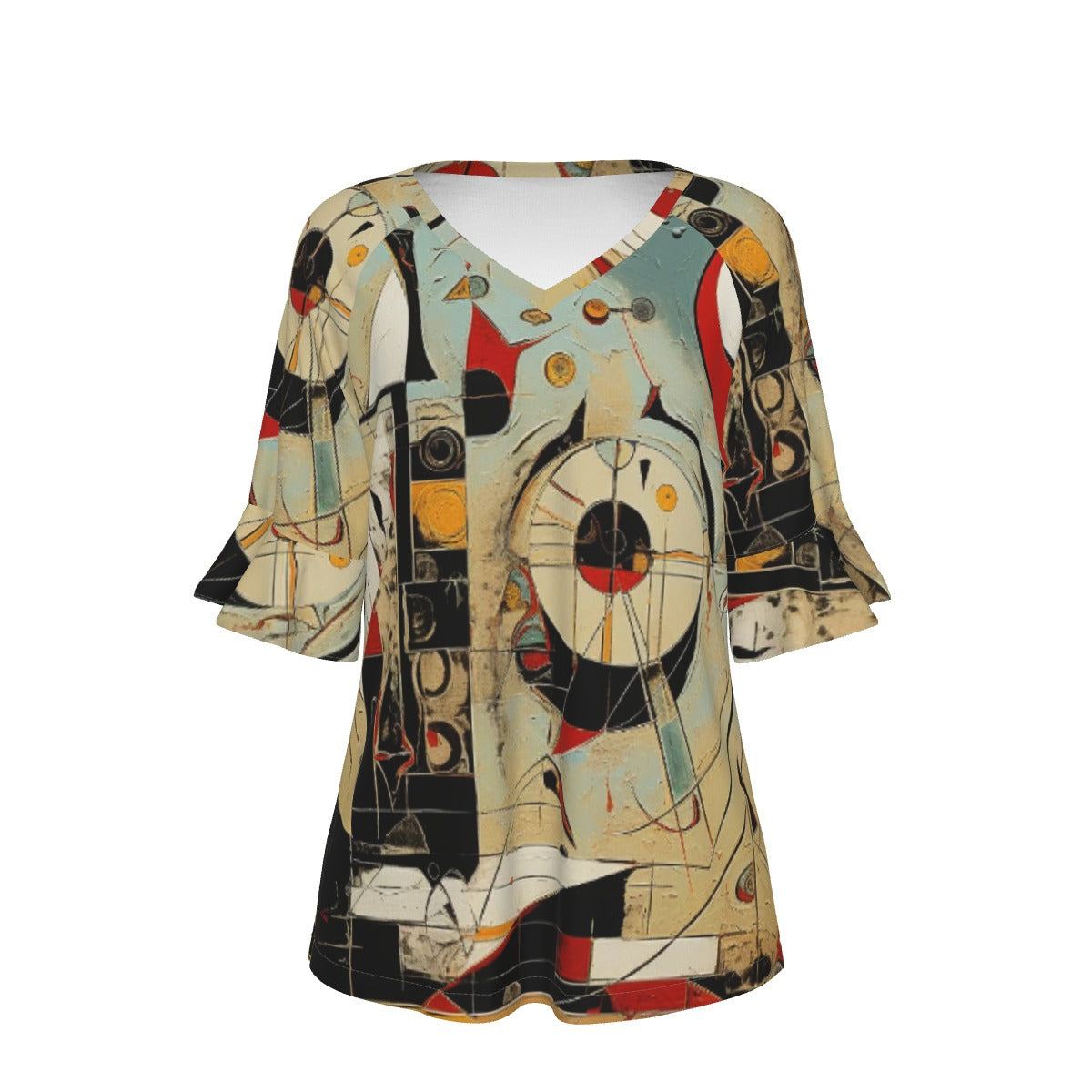 All-Over Print V-neck Women's T-shirt With Bell Sleeve