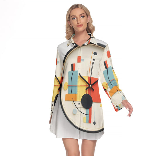 All-Over Print Women's Lapel Shirt Dress With Long Sleeve