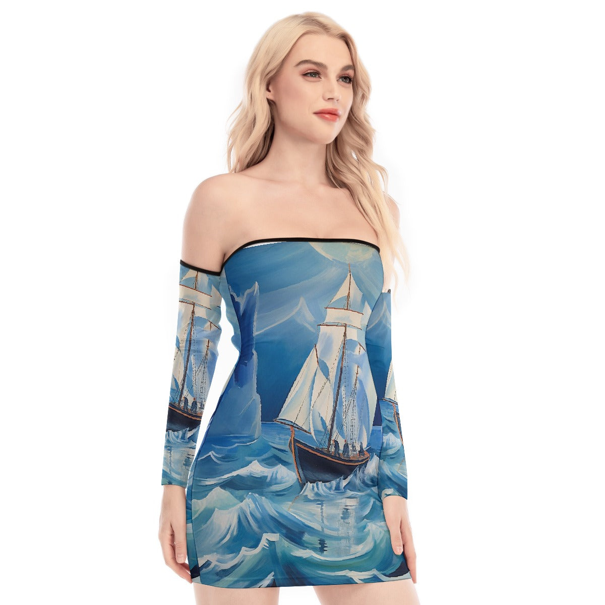 All-Over Print Women's Off-shoulder Back Lace-up Dress