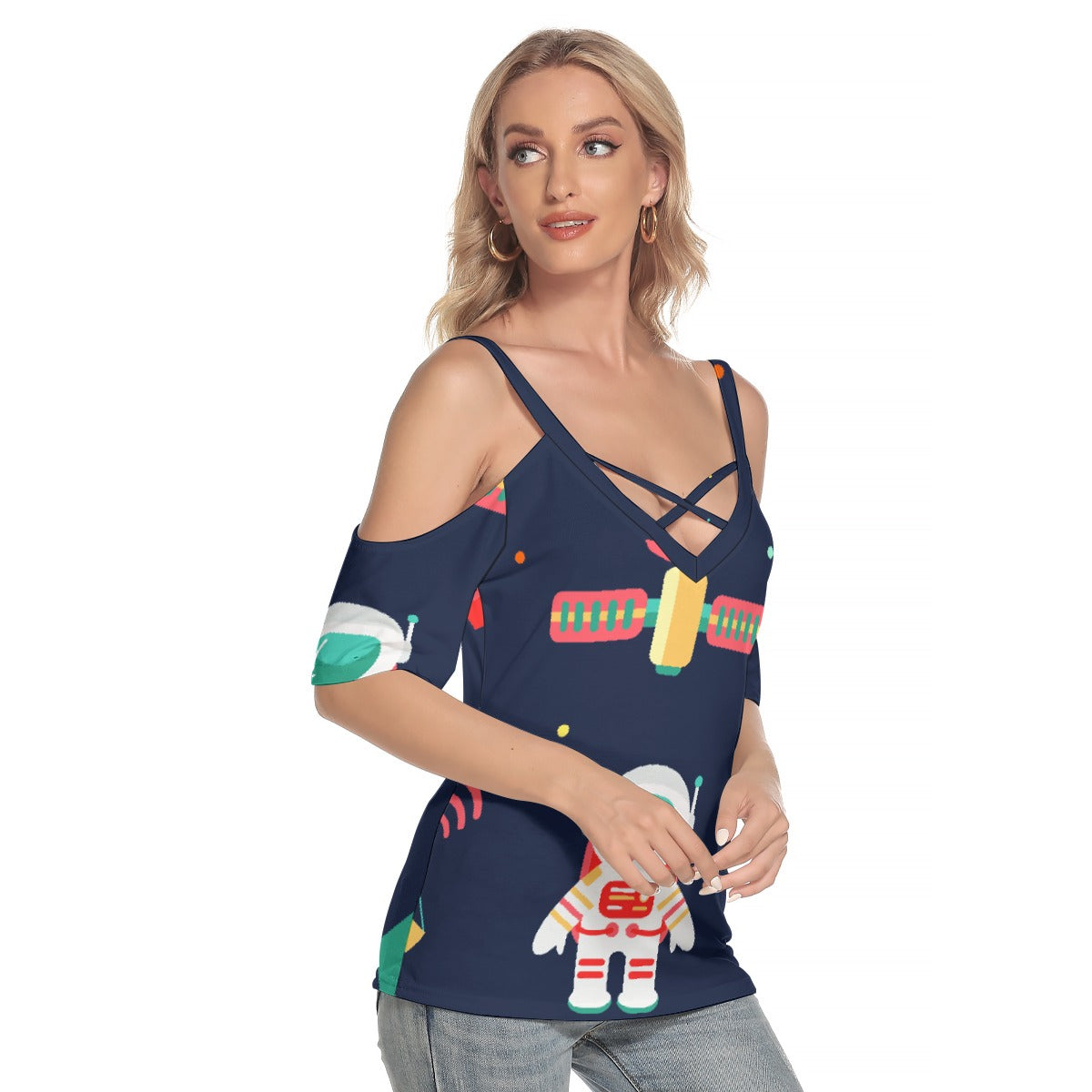 All-Over Print Women's Cold Shoulder T-shirt With Criss Cross Strips