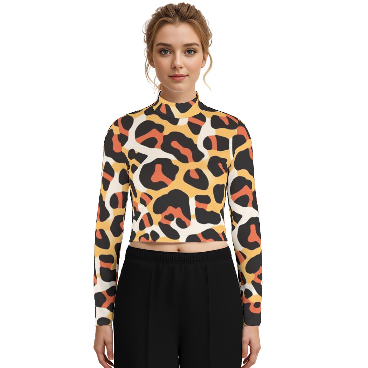 Eco-Friendly All-Over Print Women's Turtleneck T-shirt With Long Sleeve