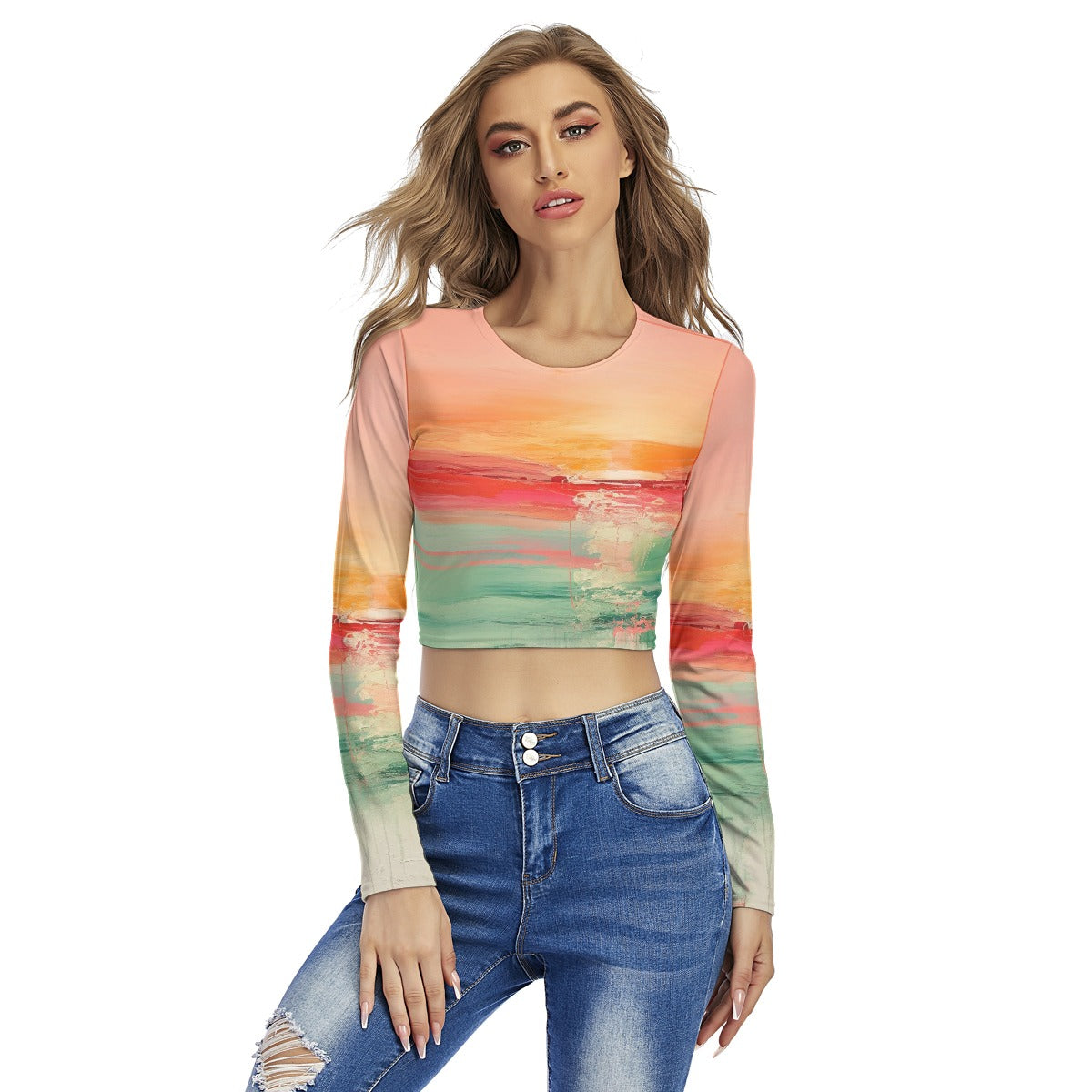 All-Over Print Women's Round Neck Crop Top T-Shirt