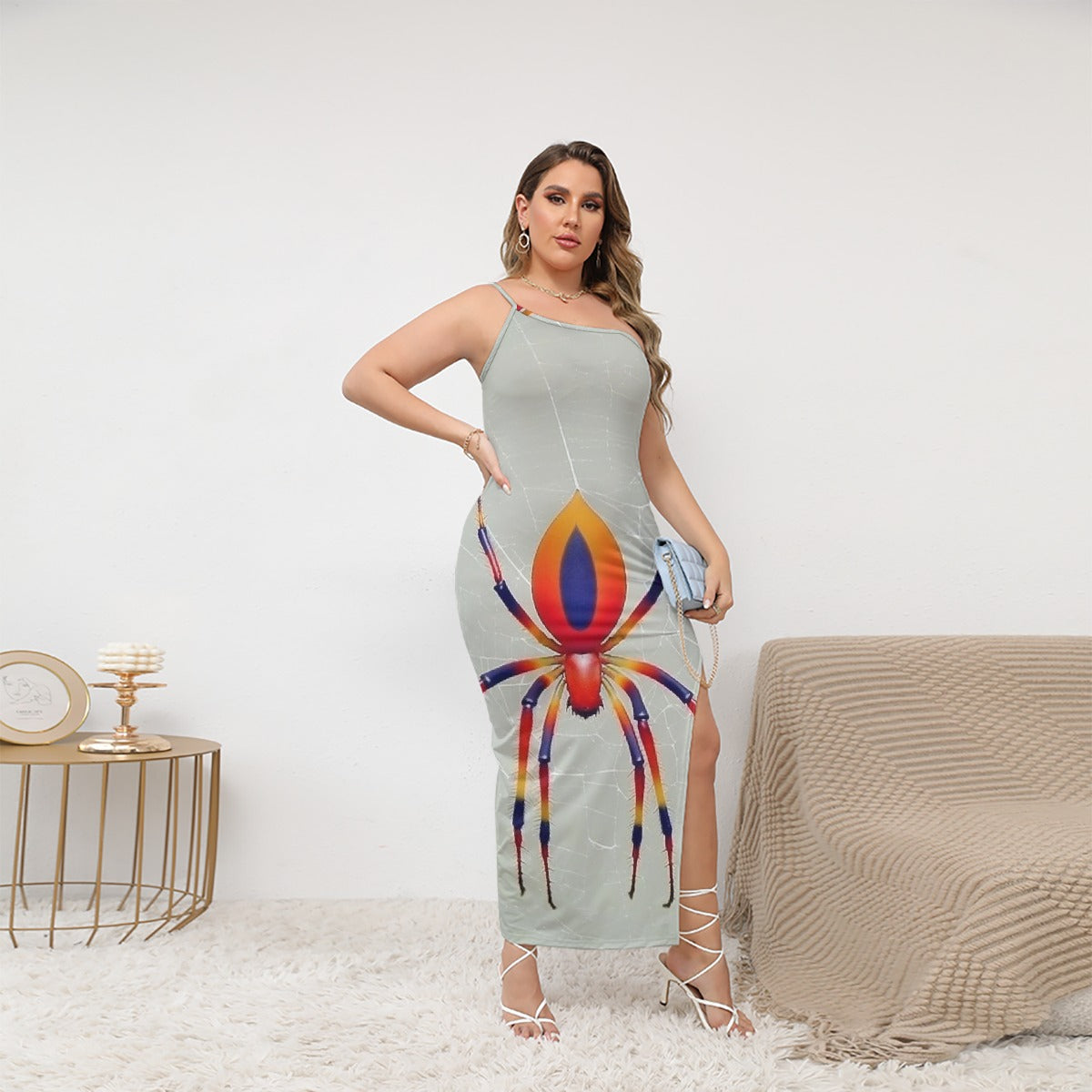 All-Over Print Women's Oblique-Shoulder Exposure Dress With Side Split (Plus Size)