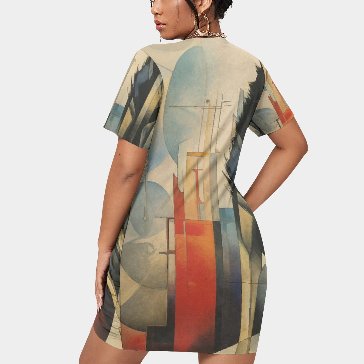 All-Over Print Women’s Stacked Hem Dress With Short Sleeve（Plus Size）