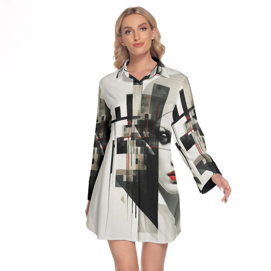 All-Over Print Women's Lapel Shirt Dress With Long Sleeve