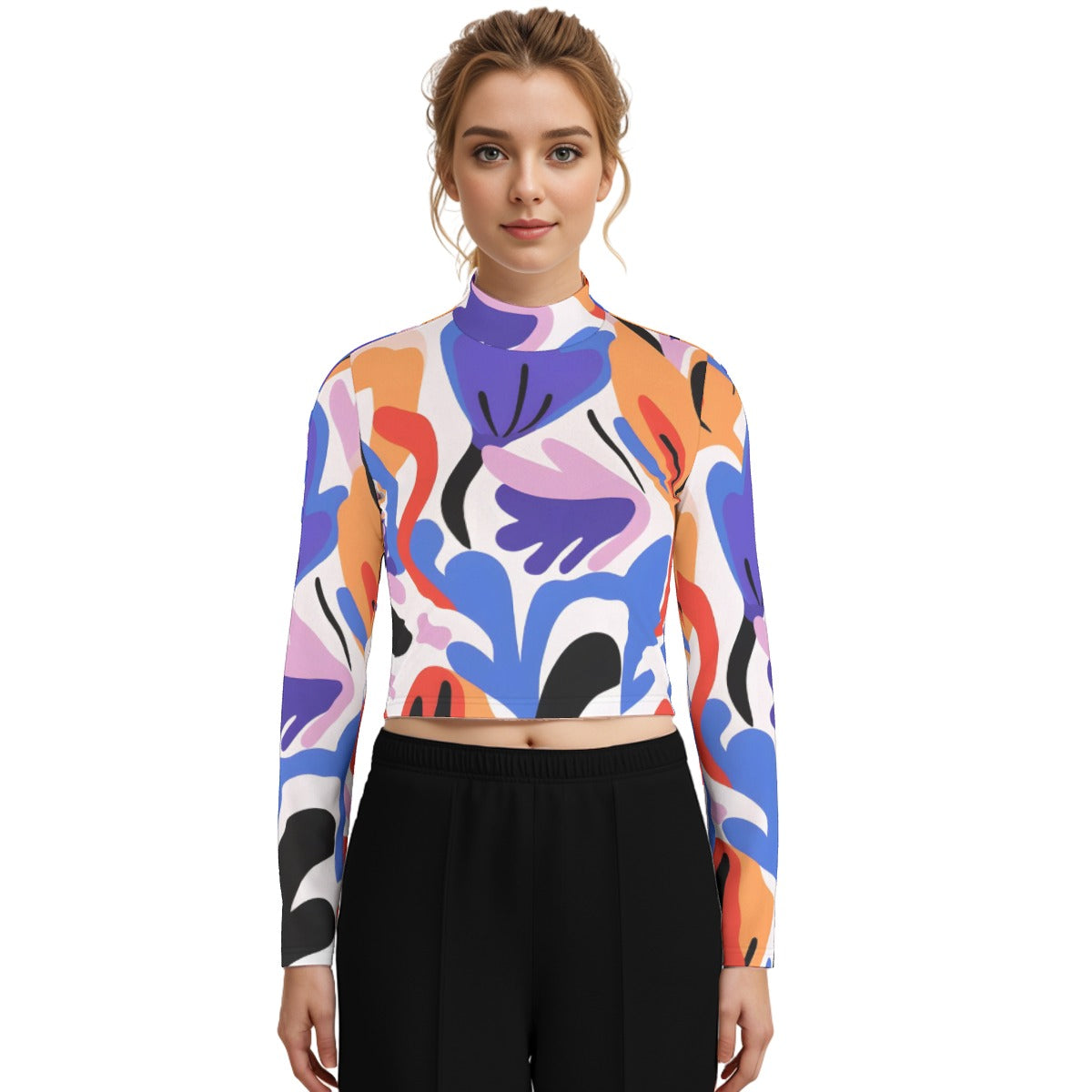 Eco-Friendly All-Over Print Women's Turtleneck T-shirt With Long Sleeve