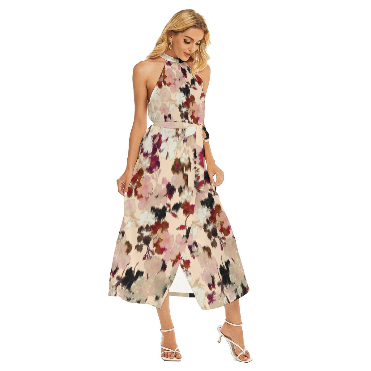 All-Over Print Women's Wrap Hem Belted Halter Dress