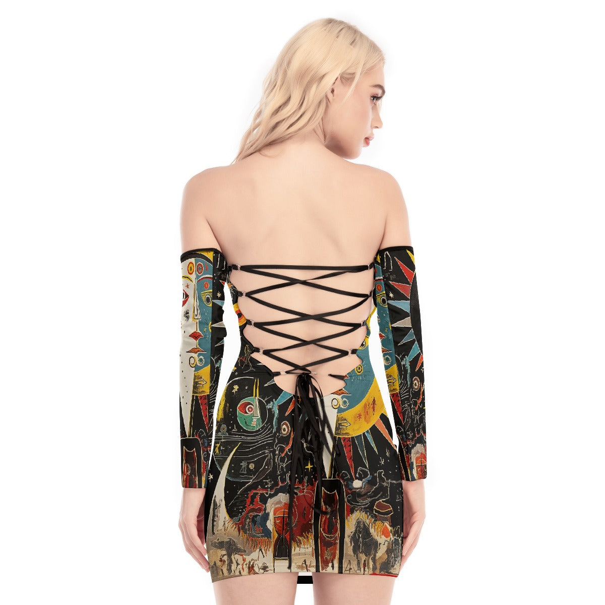 All-Over Print Women's Off-shoulder Back Lace-up Dress