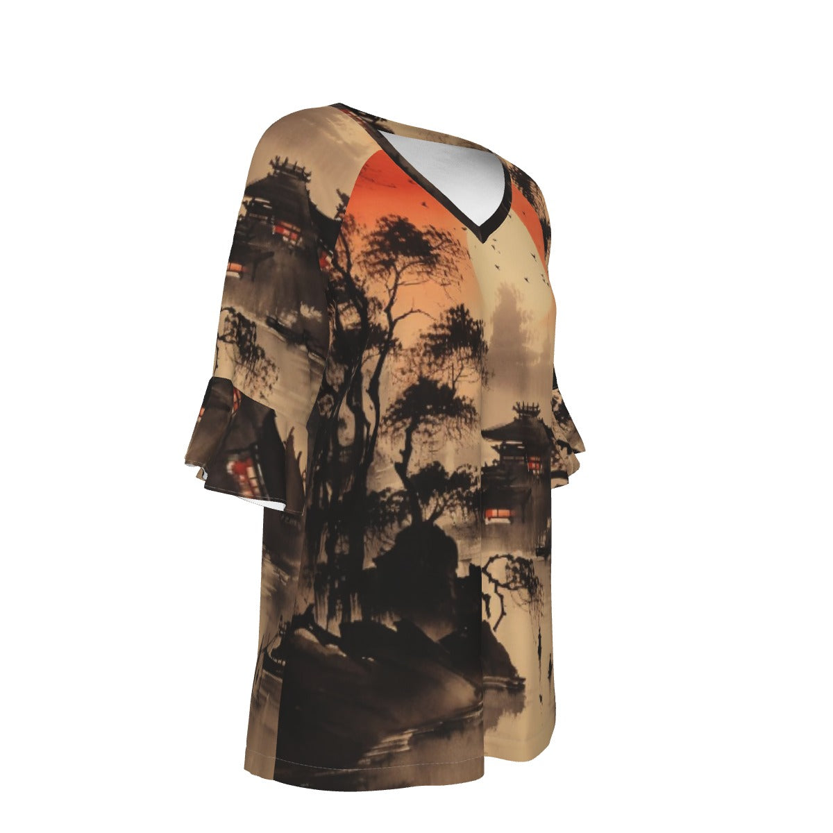 All-Over Print V-neck Women's T-shirt With Bell Sleeve