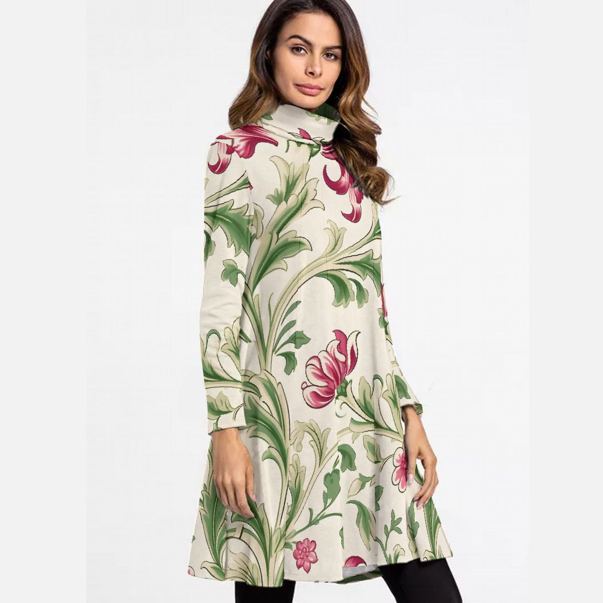 All-Over Print Women's High Neck Dress With Long Sleeve