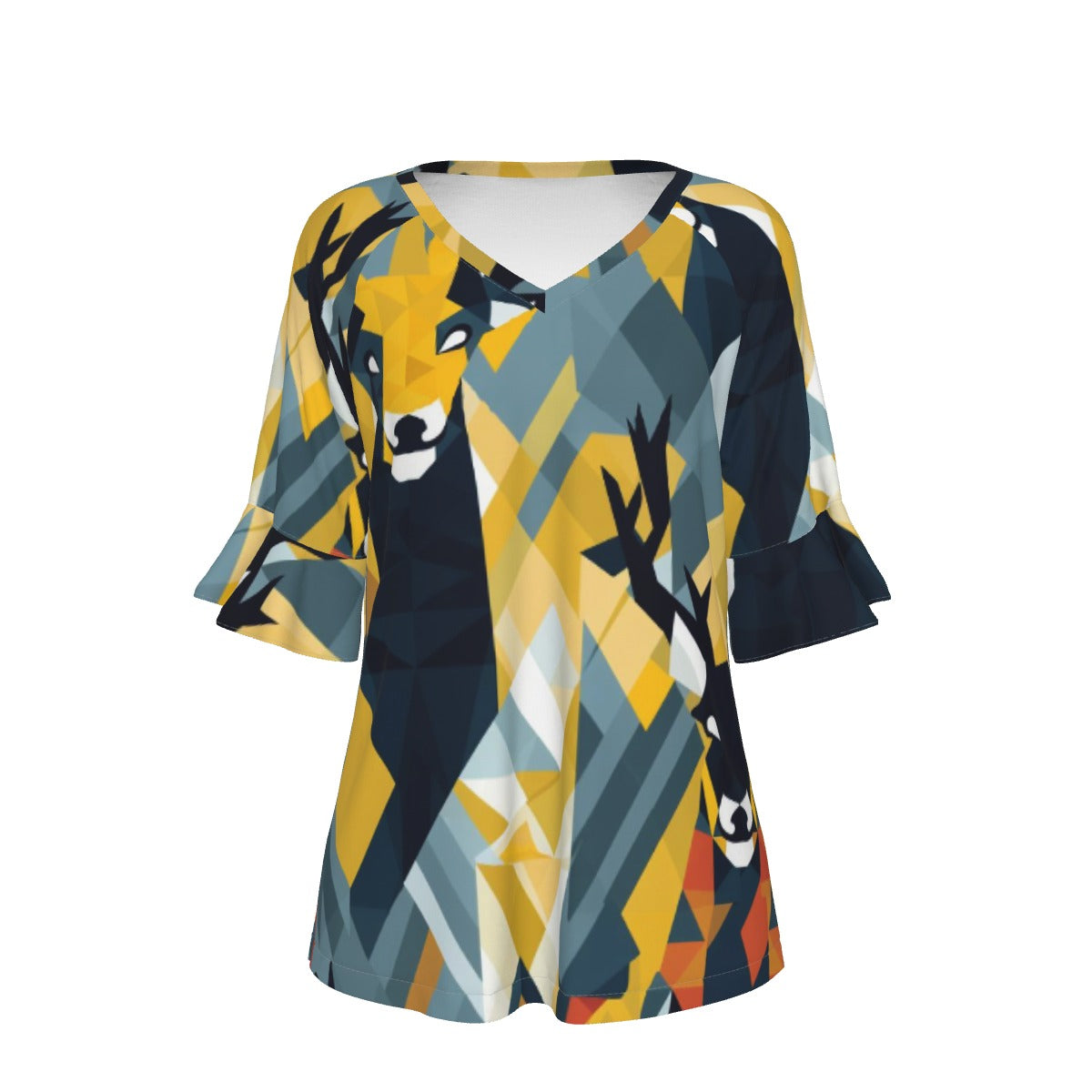 All-Over Print V-neck Women's T-shirt With Bell Sleeve