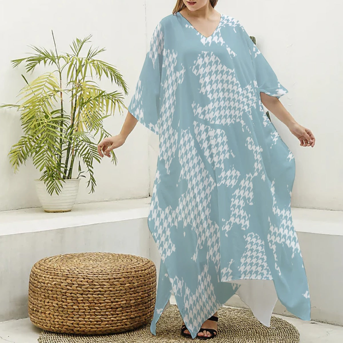 All-Over Print Women's Imitation Silk V-neck Kaftan Robe