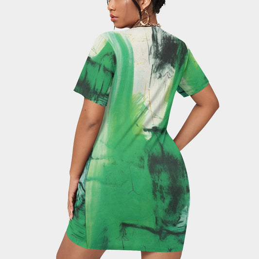 All-Over Print Women’s Stacked Hem Dress With Short Sleeve（Plus Size）