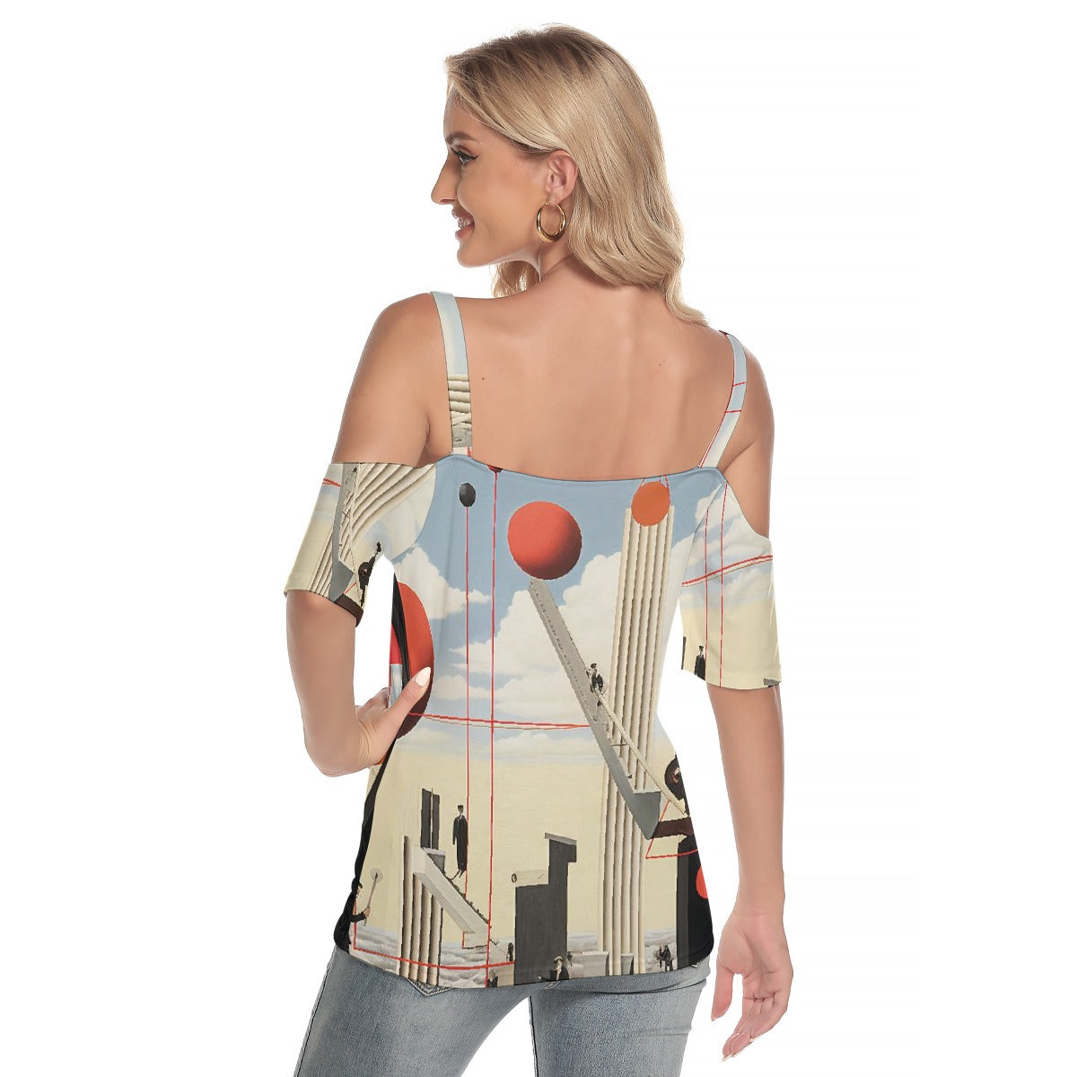 All-Over Print Women's Cold Shoulder T-shirt With Criss Cross Strips