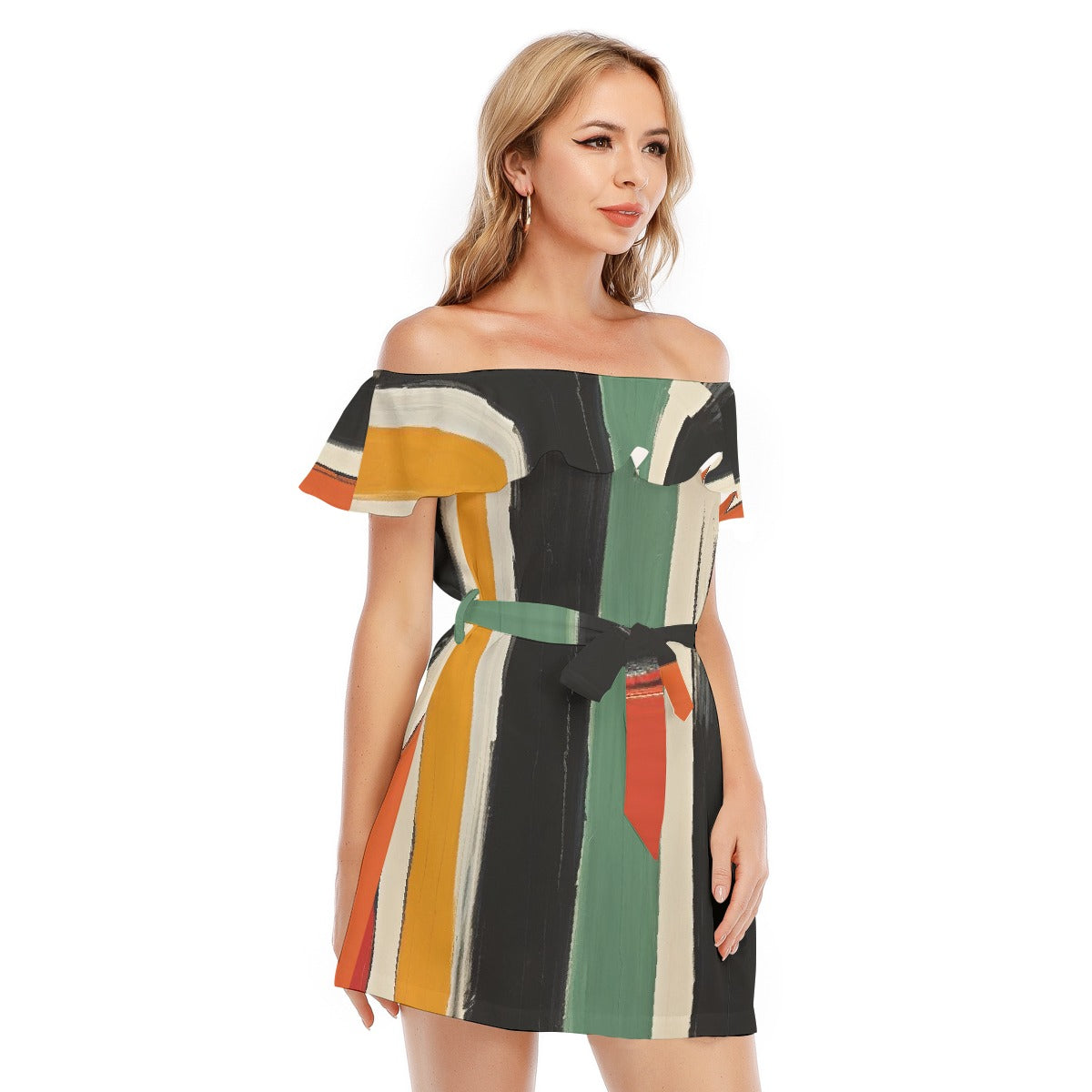 All-Over Print Women's Off-shoulder Dress With Ruffle