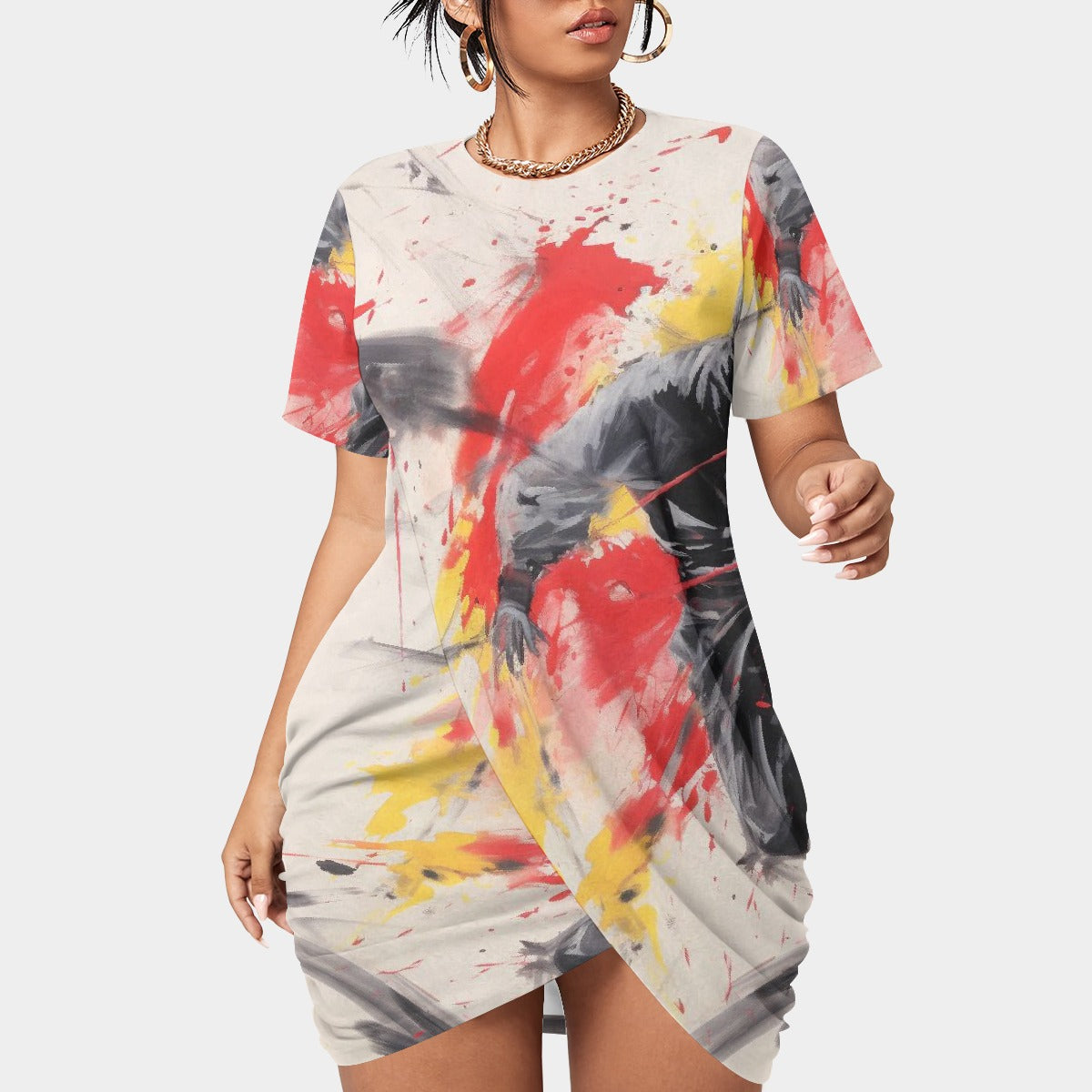 All-Over Print Women’s Stacked Hem Dress With Short Sleeve（Plus Size）