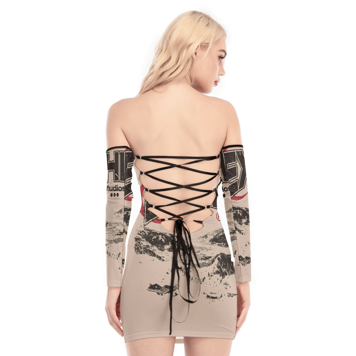 All-Over Print Women's Off-shoulder Back Lace-up Dress