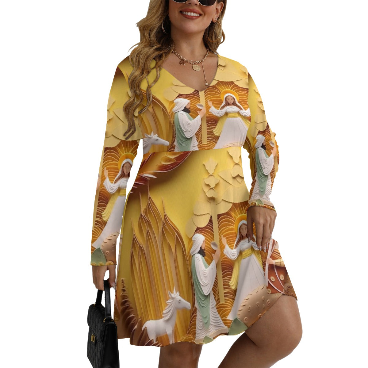 All-Over Print Women's V-neck Long Sleeve Dress(Plus Size)