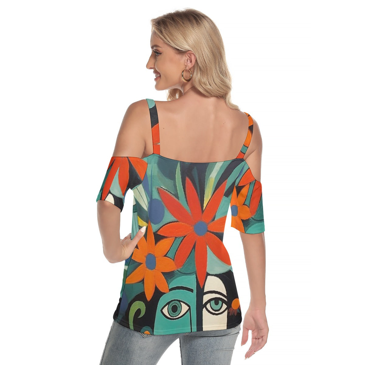 All-Over Print Women's Cold Shoulder T-shirt With Criss Cross Strips